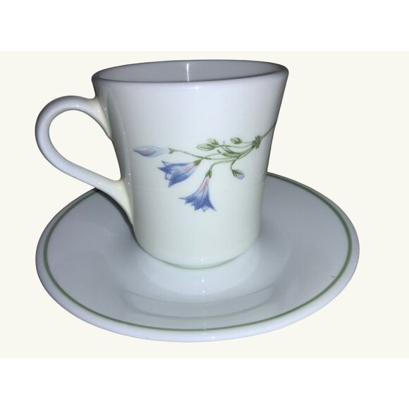 Corelle by Corning Blue Dusk Flat Two Cups & Saucers Blue Flowers Green Band - Picture 2 of 6